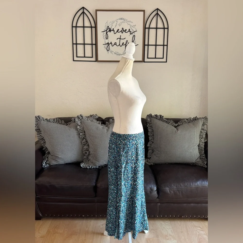 Christopher & Banks Maxi Blue & Black Floral Skirt Size 10 Whimsical Boho Indie